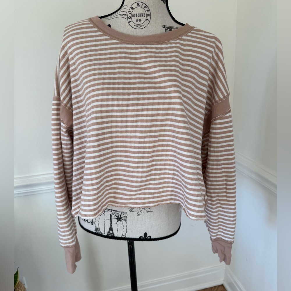 FP Movement by Free People Beige and White Striped Cropped Long Sleeve Top - Picture 3 of 8